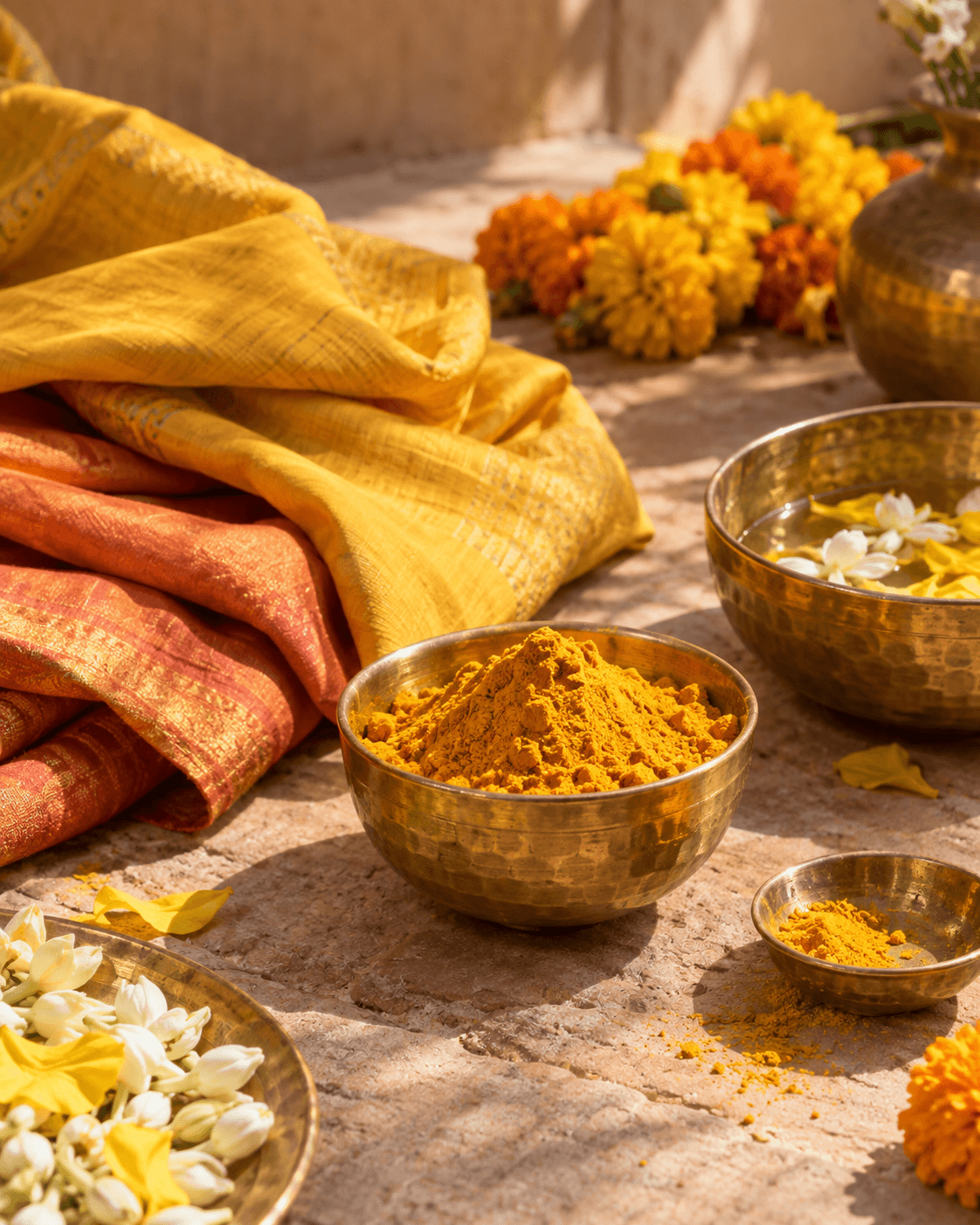 Editorial still life of turmeric, warm fabrics and marigolds